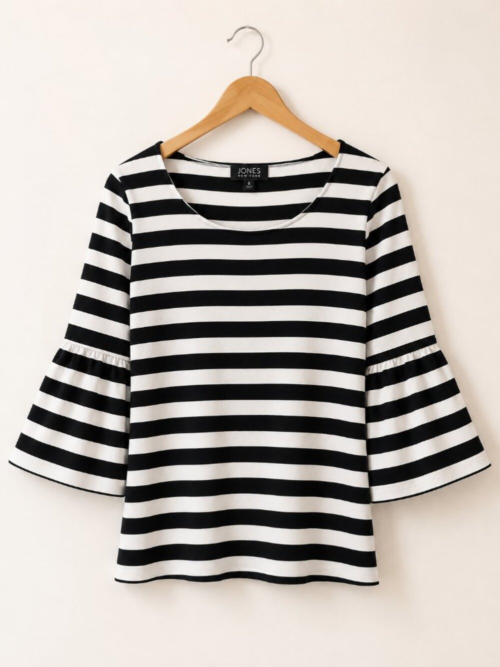 Jones New York Black White Breton Stripe Bell Sleeve Cotton Top Small NWOT